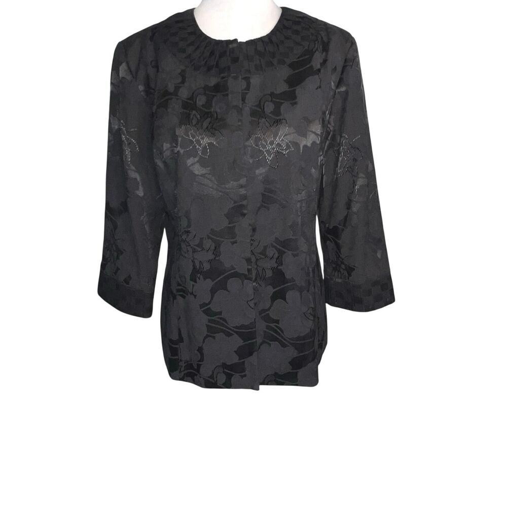 Chico‘s Women's 2 Black Floral Jacquard hook loop close lined‎ 3/4 sleeve Blazer